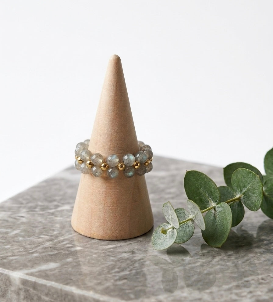 Anel Perly dourado Aço Inoxidável - Labradorite AA