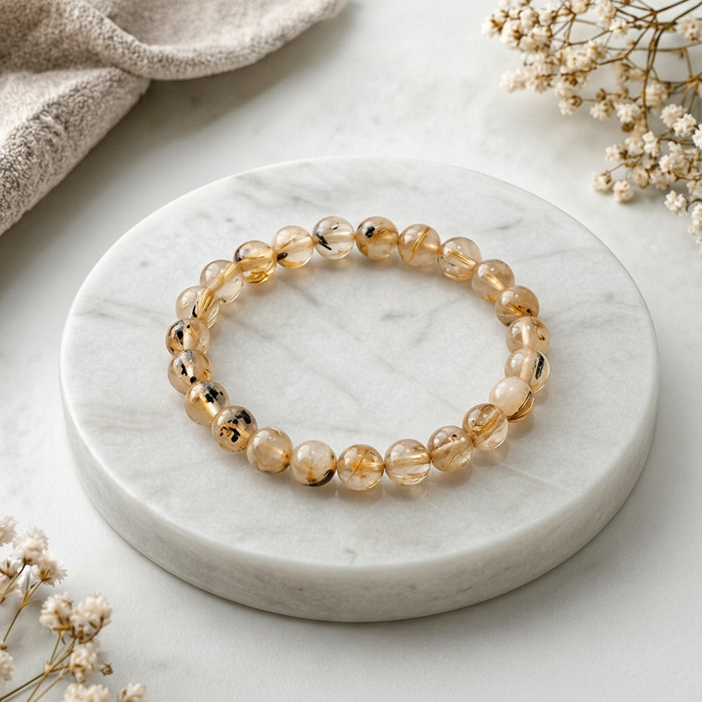 Armband Kugel Bergkristall, Rutil und Hämatit 6mm AA