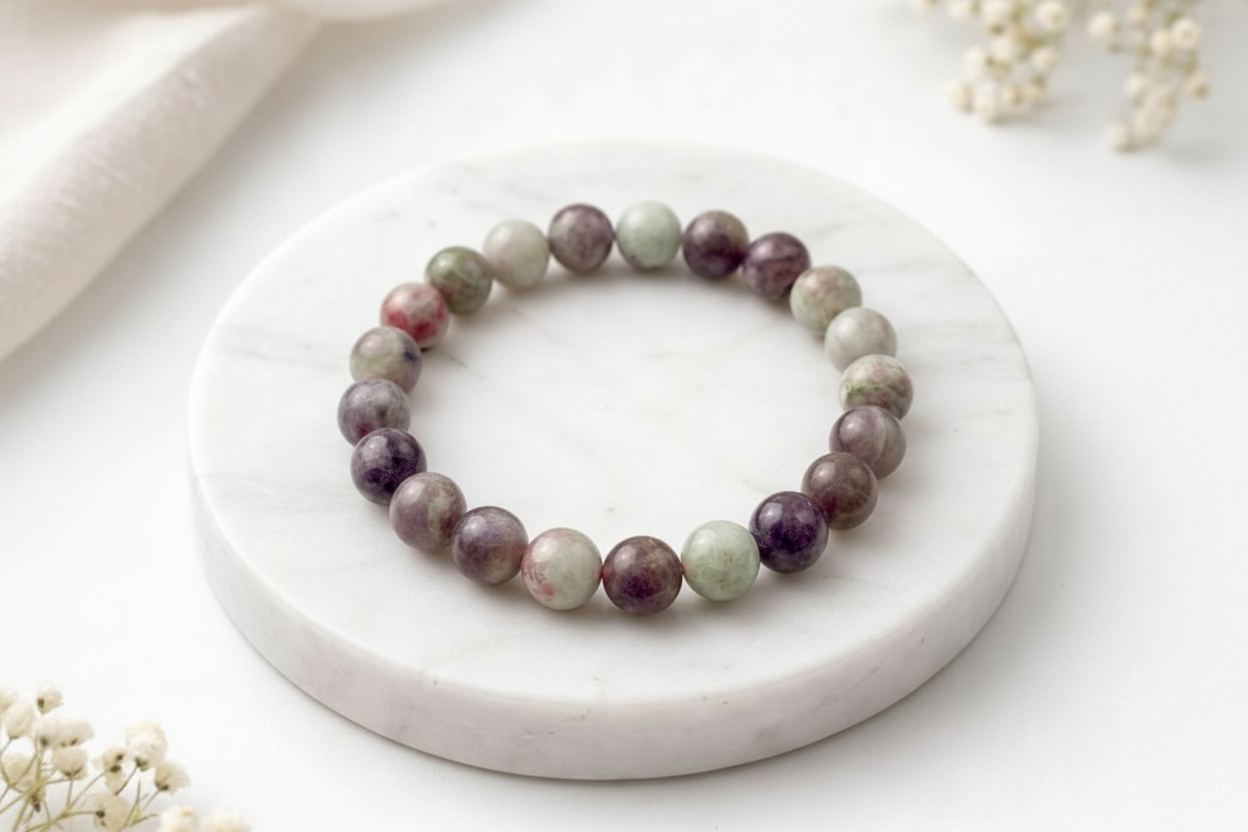 Pulseira de bolas de Turmalina rosa em Eudialite 8mm A+ e 10mm A