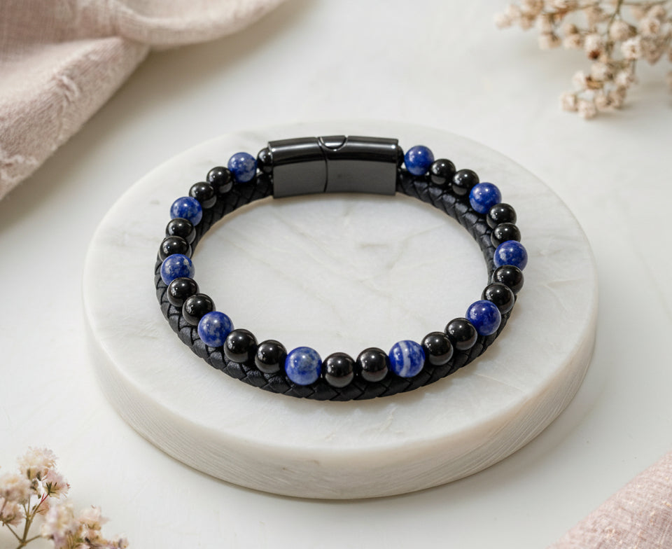 Armband Aska – Schwarzes Leder, Lapislazuli und Onyx A
