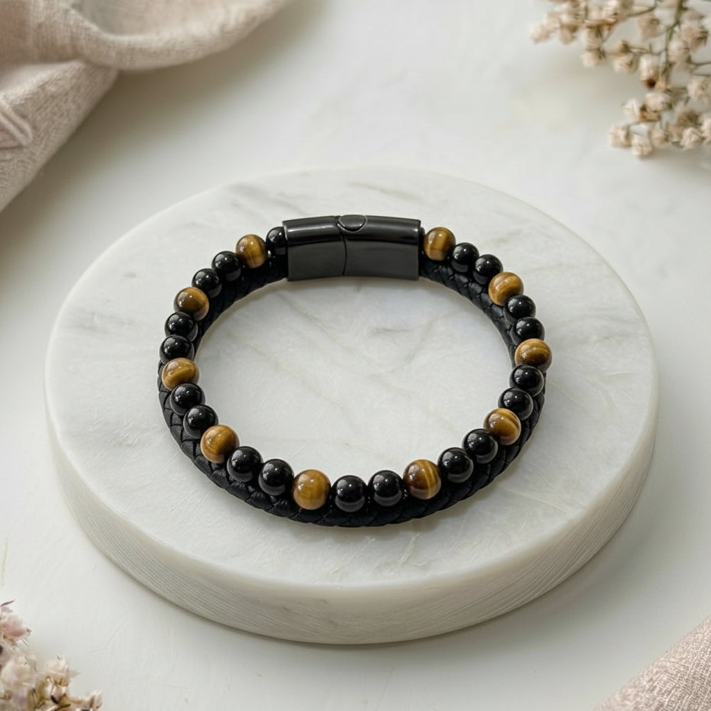 Armband Aska - Schwarzes Leder, Tigerauge und Onyx A