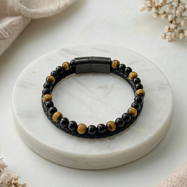 Bracelet Aska - Cuir Noir, Œil de Tigre et Onyx A