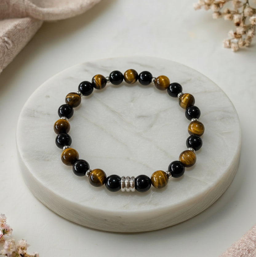 Armband Célyos – Silberfarbene Ausführung, Tigerauge und Onyx A