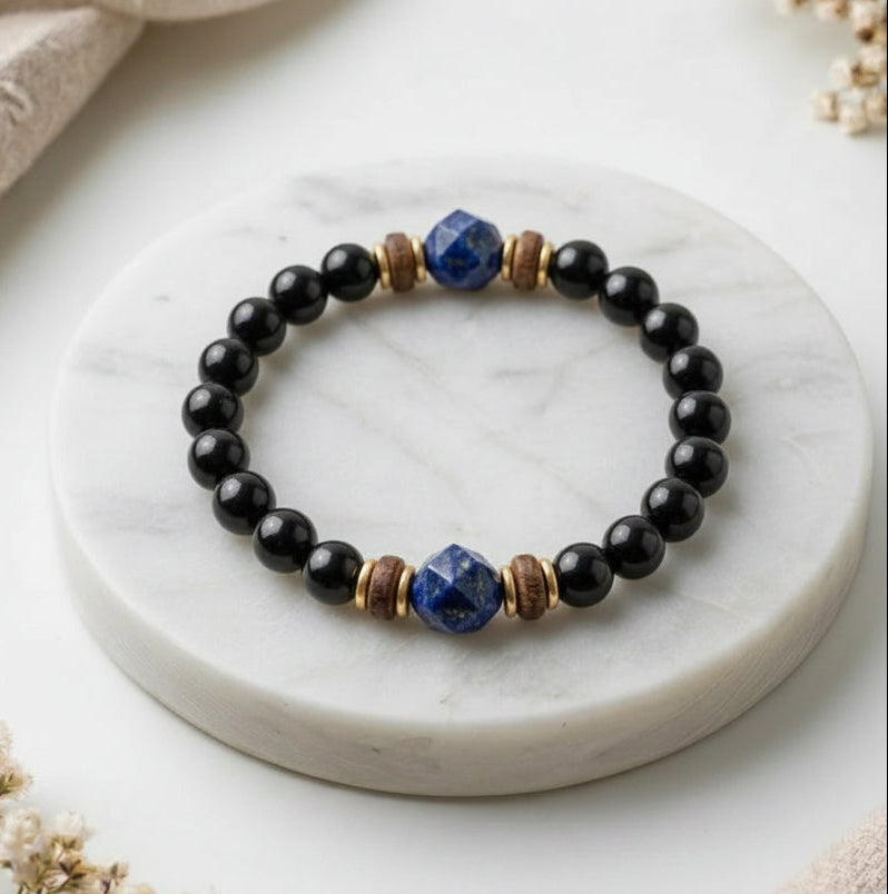 Armreif – vergoldet, Onyx, Holz und Lapislazuli A