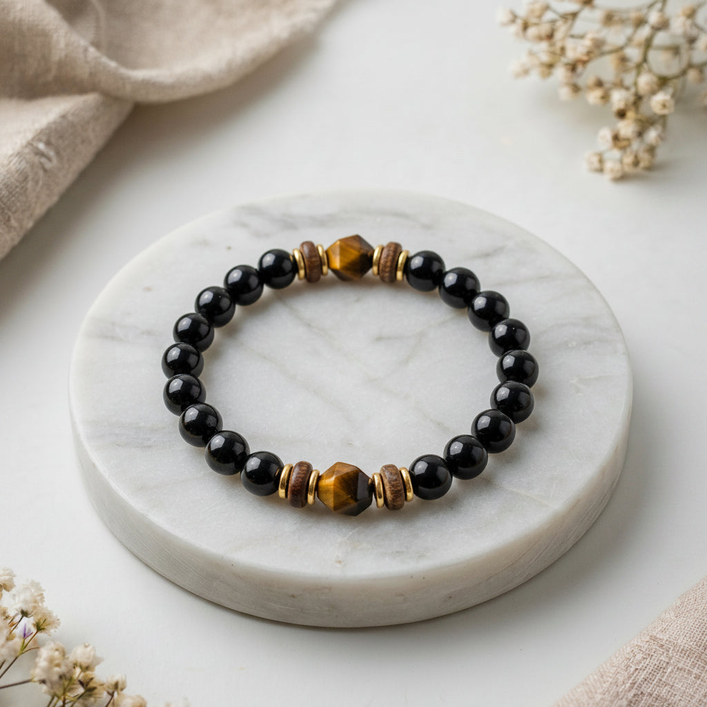 Armband Ring – Vergoldet, Onyx, Holz und Tigerauge A