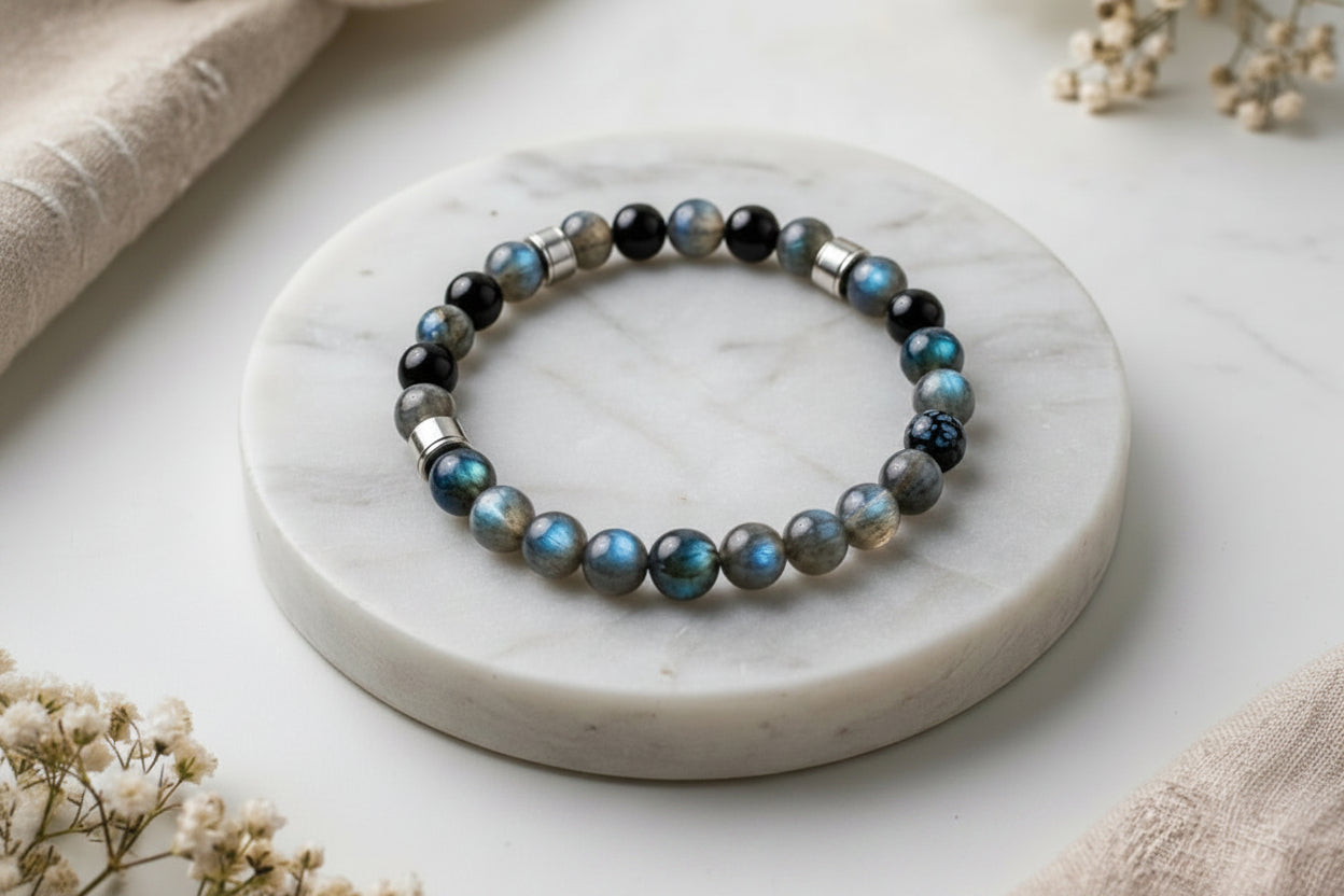 Armband Kahel – Silberfarben, Onyx und Labradorit AA